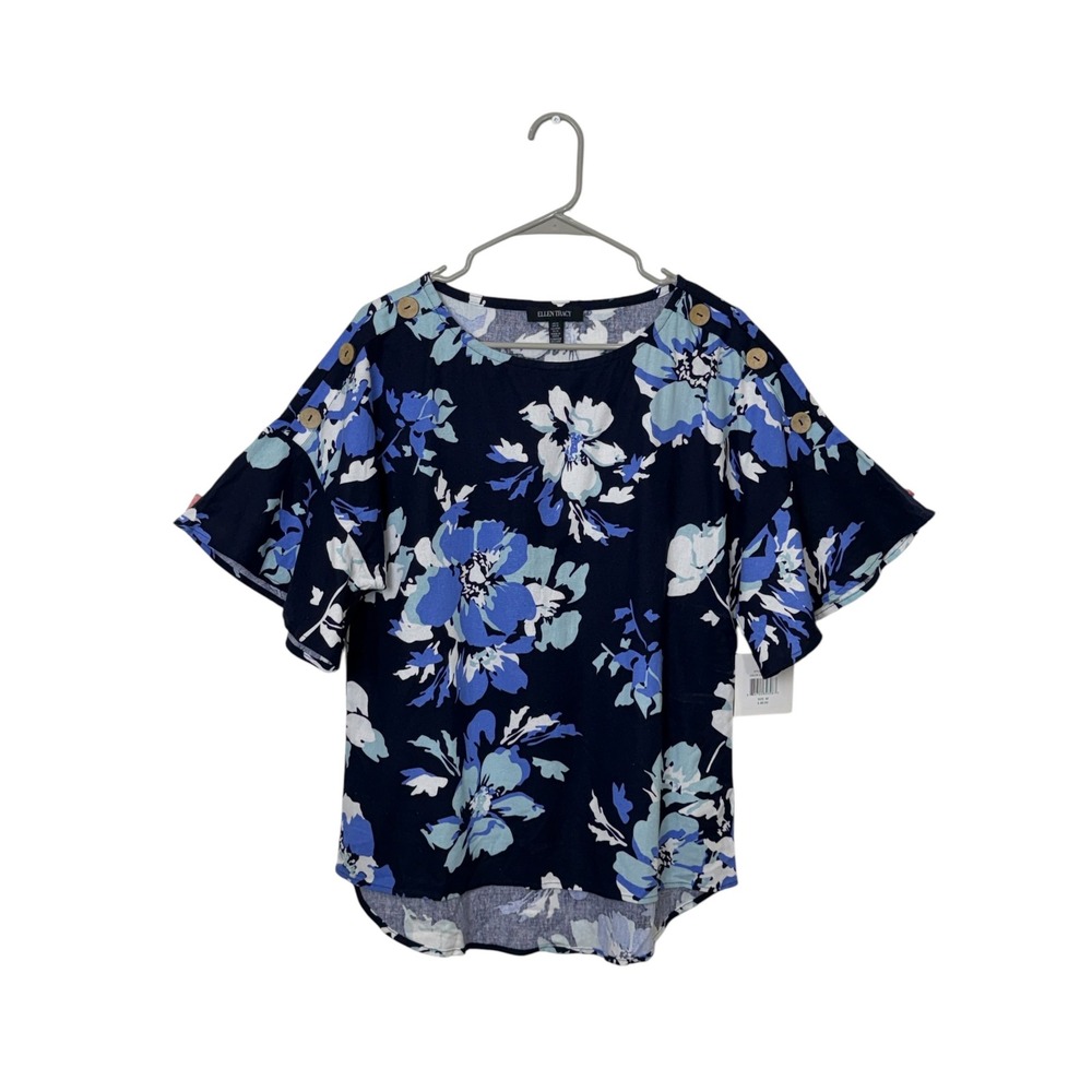 Ellen Tracy Navy Floral Linen Blend Flutter Sleeve Top, Medium